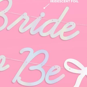 xo, Fetti Bride to Be Bow Banner Iridescent Foil + Pink Glitter , 5 Ft. | Bachelorette Party Decoration, Tying the Knot Bride Bach Decor, Bridesmaid Favor, Engagement Gift, Bridal Shower Supplies, Photobooth Backdrop