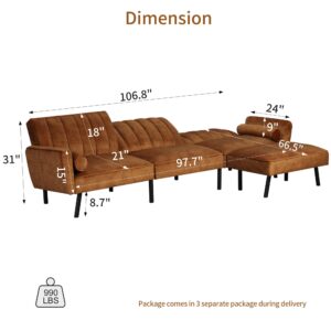 DURASPACE Velvet Sectional Convertible Sofa with Chaise, 106.5" L Shape Sectional Sofa Couch with USB, Split Back Folding Futon Couch for Living Room (Caramel Brown)