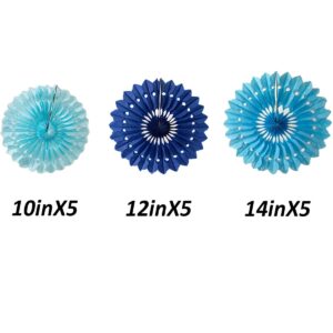 15pcs 10'' 12'' 14'' Paper Fans Decorations Round Blue Tissue Paper Fans Hanging Paper Fans Set Party Paper Honeycomb Fans Decorations for Party Birthday Wedding Events