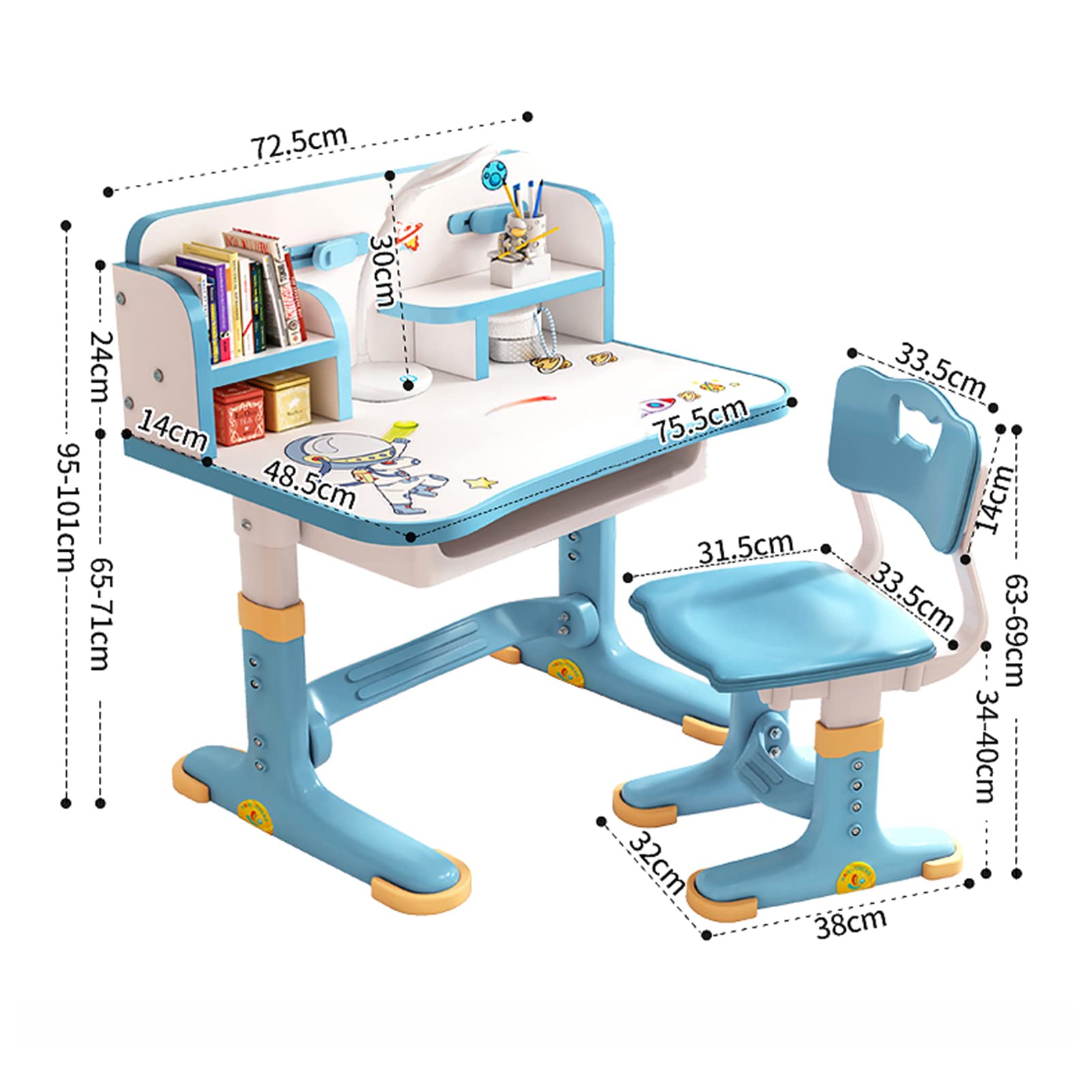 NUZYZ Kids Desk and Chair Set, Adjustable Height Children Study Table and Chair Set with Drawer, Cartoon Pattern Study Table for Toddlers 3-12 Years Blue