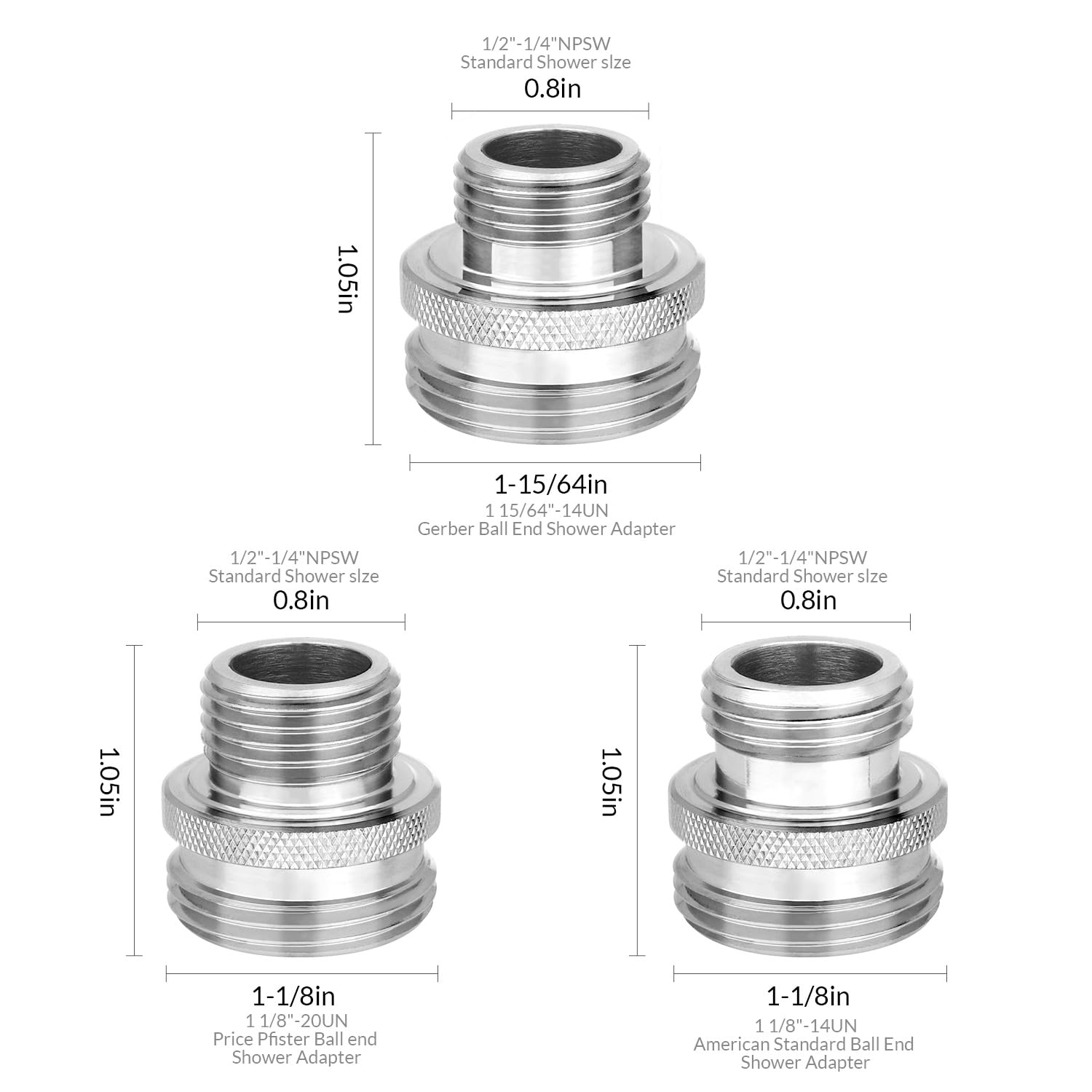 3 PCS Ball End Shower Head Swivel Ball Adapter Set,Old Style Heads to 1/2-Inch Male Pipe Thread