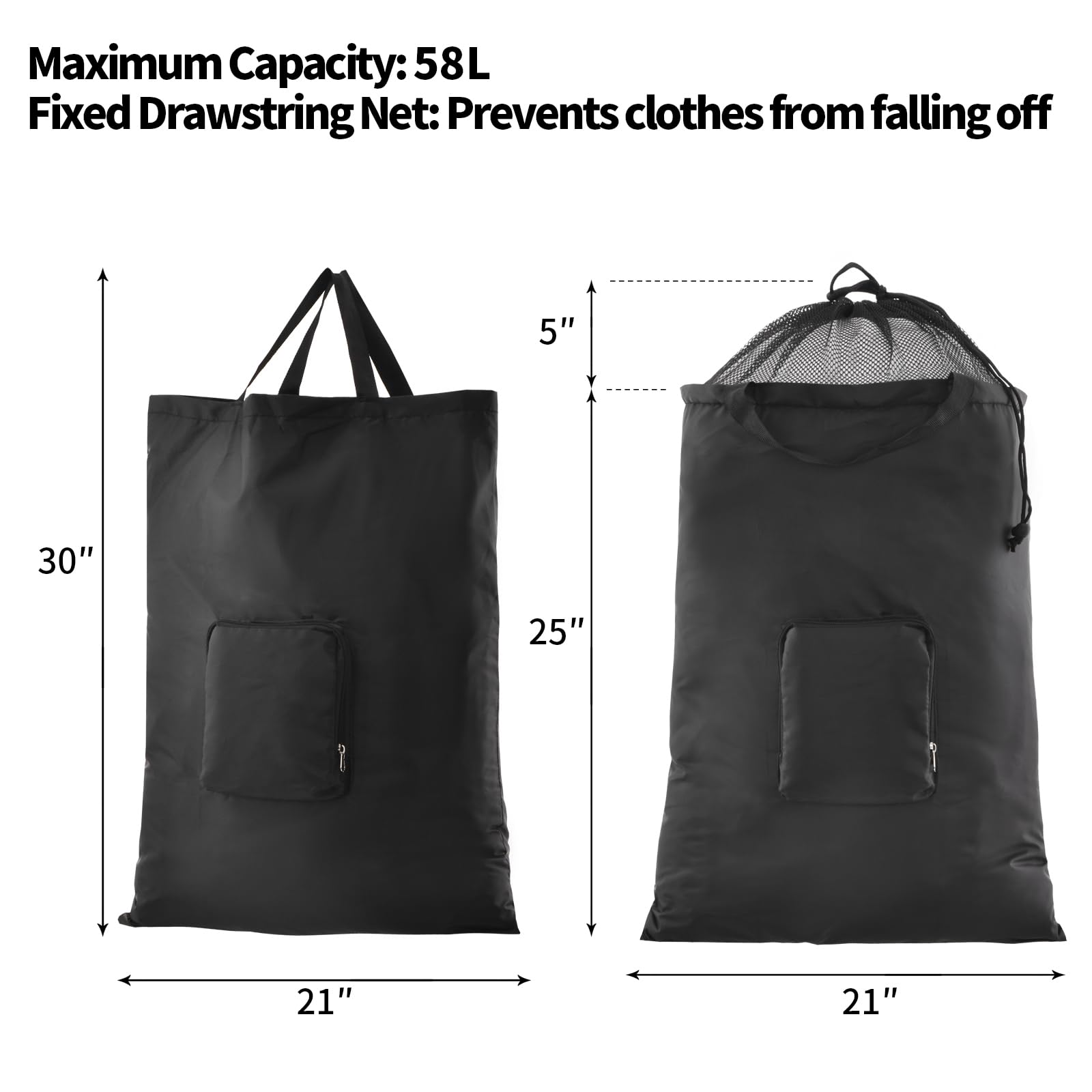 Travel Laundry Bags, 2Pcs JHX Foldable Dirty Clothes Bag 【Upgraded】 with Fixed Drawstring Net, Handles and Carabiner, Portable Laundry Bags for Travel and Fitness (Dark-Black) 30"H x 21"W