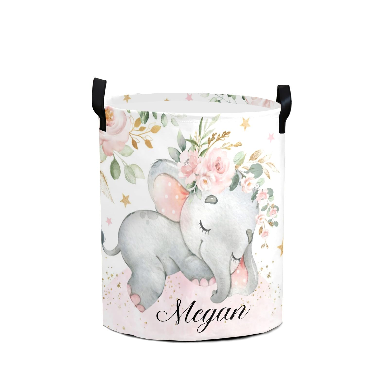 Pink Sweet Floral Elephant Personalized Laundry Basket Custom Name Collapsible Waterproof Laundry Hamper Clothes with Handle for Bedroom Bathroom Nursery Decor