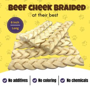 Woofley's 6" Buffalo Beef Cheek Braids Regular - (12 Count)- Beef Cheek Dog Chews - No Hide Bones for Dogs