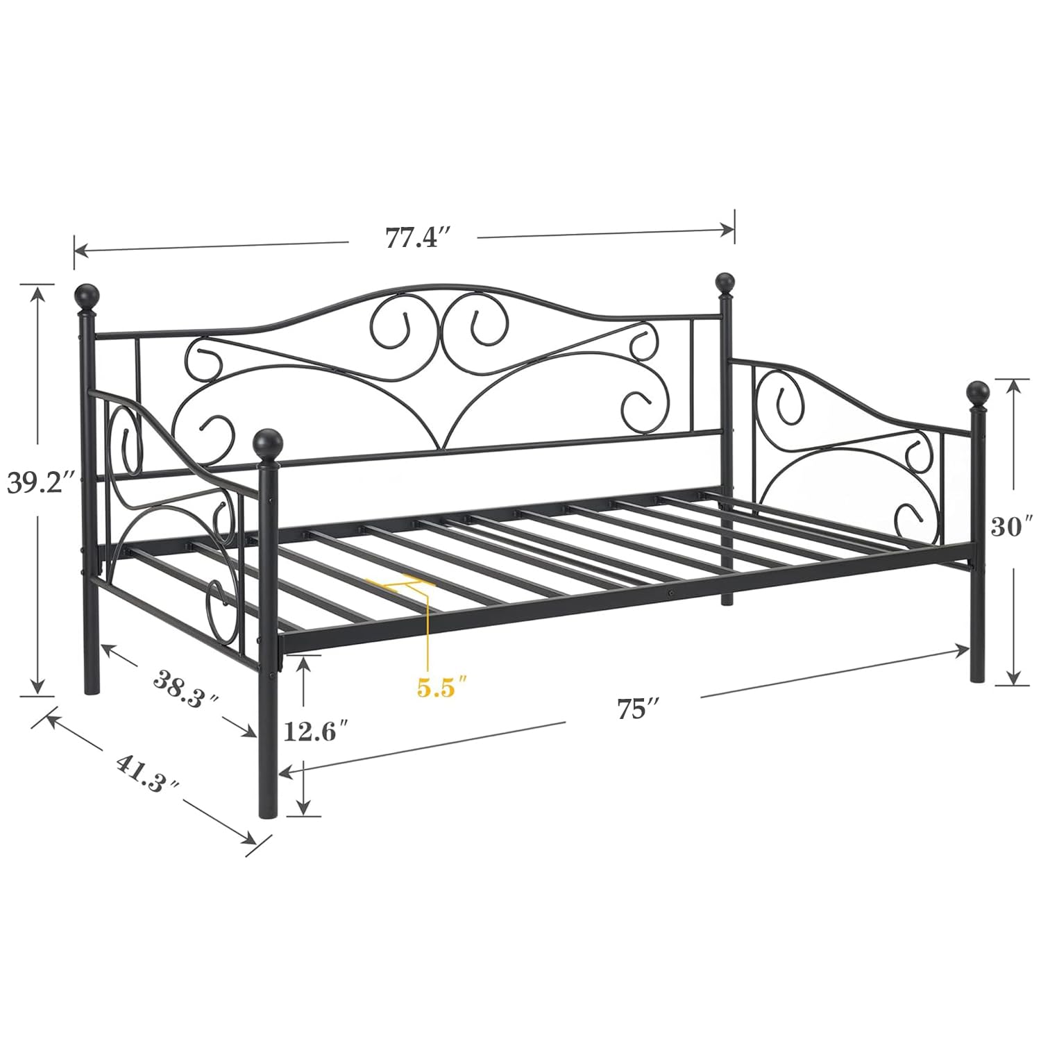 VECELO Daybed Frame, Twin Size Metal Platform Bed with Headboard,Heavy Duty Steel Slats Support for Living Room Bedroom Guest Room, Easy Assembly