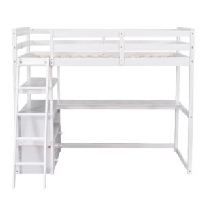 MERITLINE Twin Loft Bed with Desk and Storage, Wooden Loft Bed Twin with Shelves and Two Built-in Drawers for Kids Teens Boys Girls,No Box Spring Needed,White