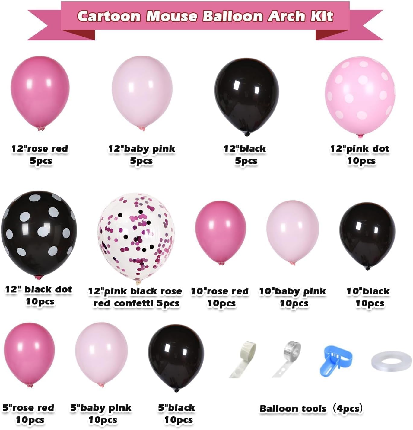 Pink Mouse Birthday Party Supplies - Pink Mouse Balloon Garland Arch Kit for Cartoon Mouse Theme Birthday Party Decorations for Girl, Pink Bow Foil Balloons and Banners for Baby Shower Party Supplies