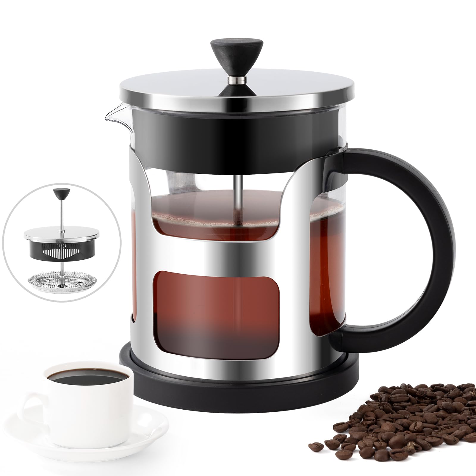 COPOTEA French Press Coffee Maker 34 Oz/1 Liter, Portable Glass Stainless Steel Coffee Press, Cold Brew Coffee Pot, Travel Coffee Presses Dishwasher Safe