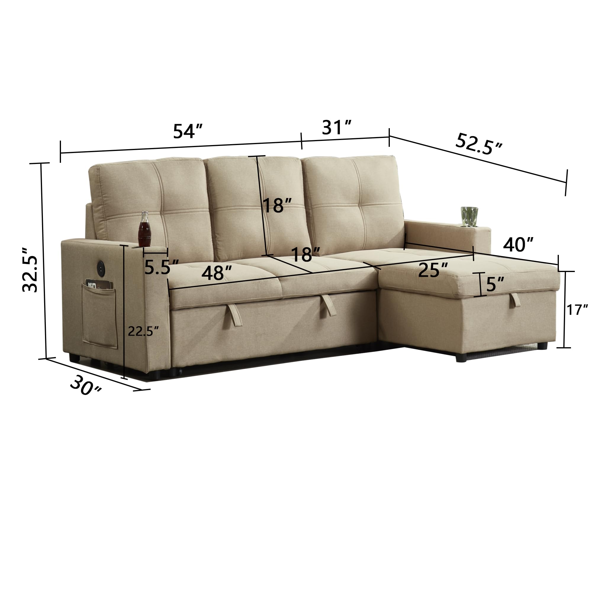 INSTORY Mid-Century Modern Linen Sofa Pull Out Sofa Bed L-Shaped Sectional Sofa Convertible Sleeper Sofabed with Storage Chaise & USB & Cup Holder for Living Room - Light Brown