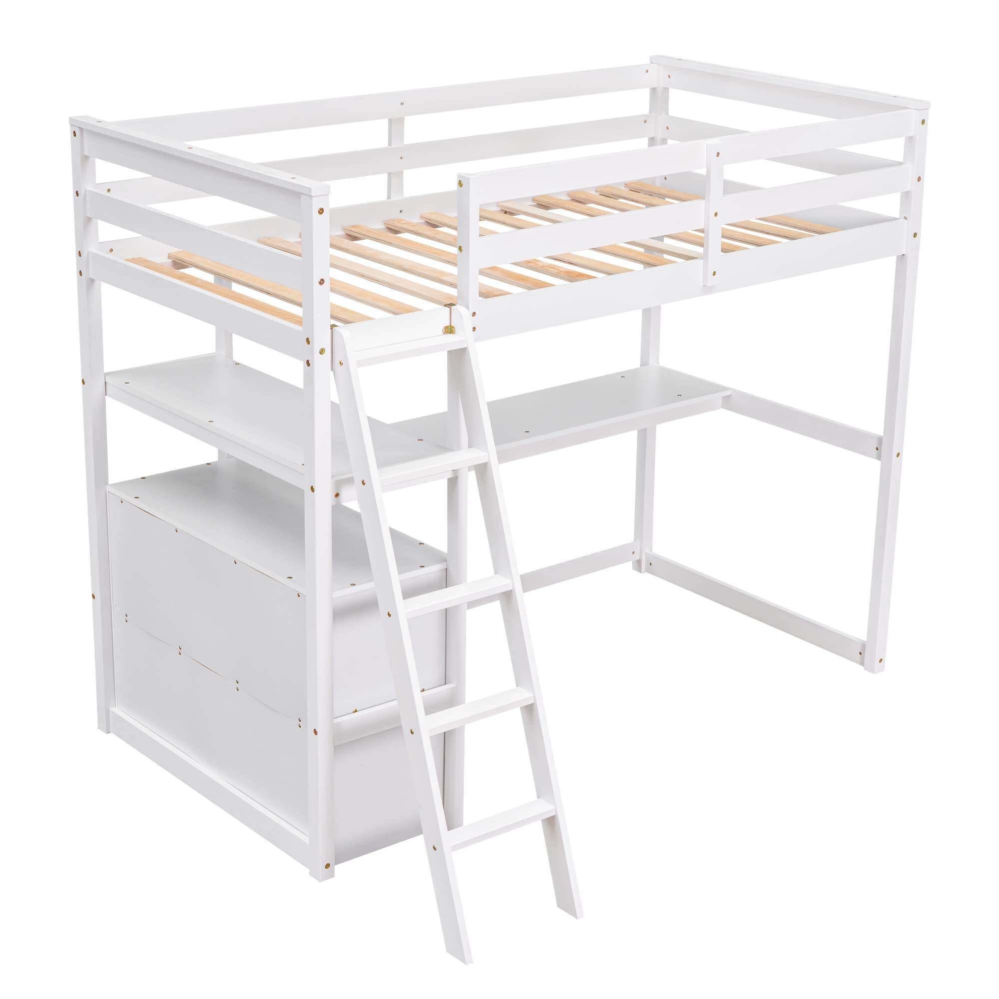 MERITLINE Twin Loft Bed with Desk and Storage, Wooden Loft Bed Twin with Shelves and Two Built-in Drawers for Kids Teens Boys Girls,No Box Spring Needed,White