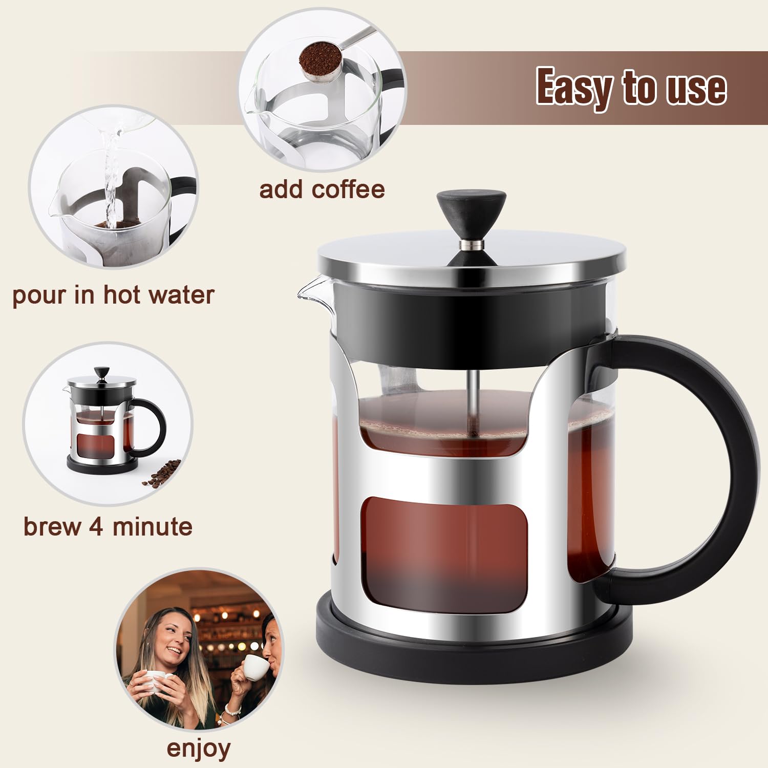 COPOTEA French Press Coffee Maker 34 Oz/1 Liter, Portable Glass Stainless Steel Coffee Press, Cold Brew Coffee Pot, Travel Coffee Presses Dishwasher Safe