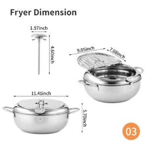 YLARMY Deep Fryer Pot, 11 Inch/4.2 L Janpanese Tempura Frying Pot with Lid, Stainless Steel thermometer deepfryer with Temperature Control Oil filter rack, Kitchen French Fries maker, Chicken Oil Fry