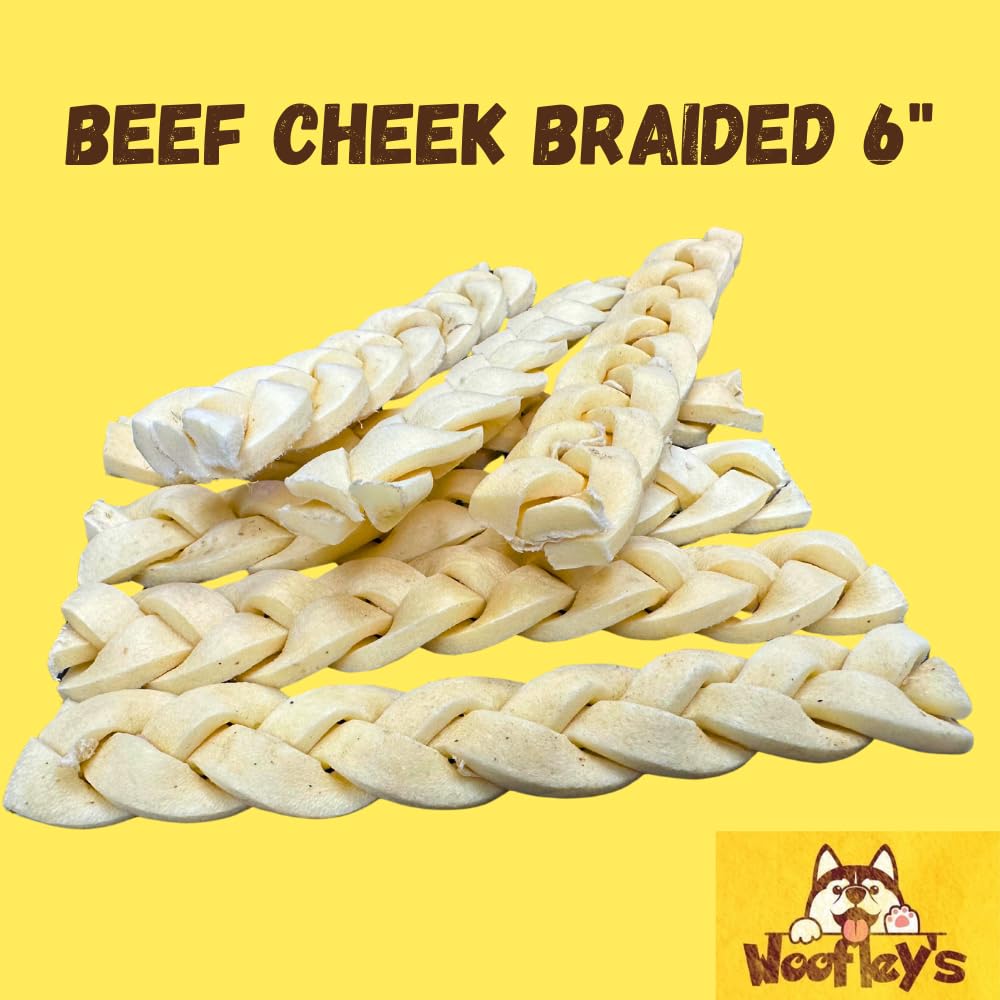 Woofley's 6" Buffalo Beef Cheek Braids Regular - (12 Count)- Beef Cheek Dog Chews - No Hide Bones for Dogs