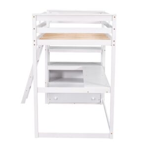 MERITLINE Twin Loft Bed with Desk and Storage, Wooden Loft Bed Twin with Shelves and Two Built-in Drawers for Kids Teens Boys Girls,No Box Spring Needed,White