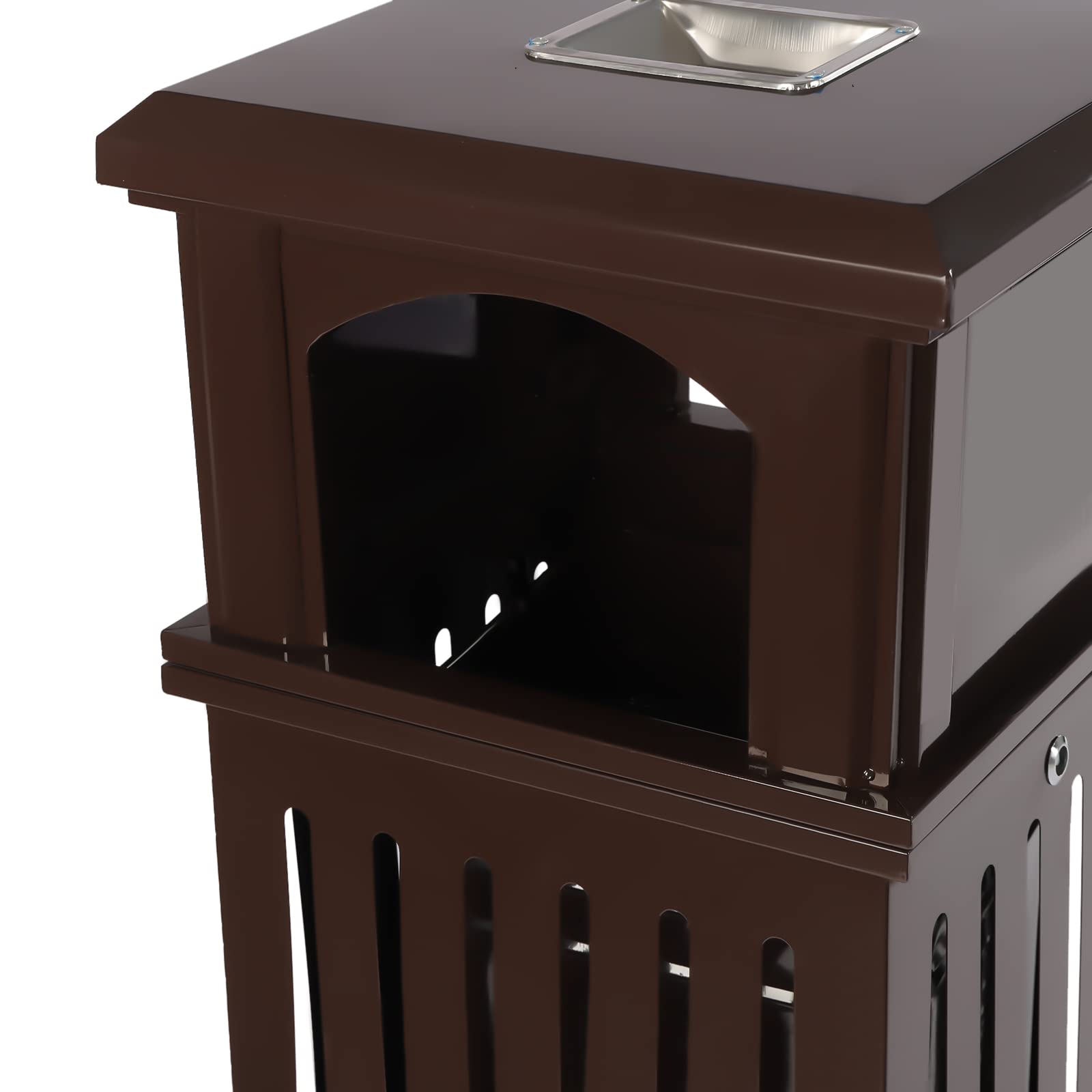 DCEHKR Open-Top Industrial Waste Trash Can, 8.8 Gallon Outdoor Metal Waste Receptacle with a Lock on Lid 35.5x15.8x15.8 in Galvanized Sheet Trash Can Suitable fIor Indoor or Outdoor Use (Brown)