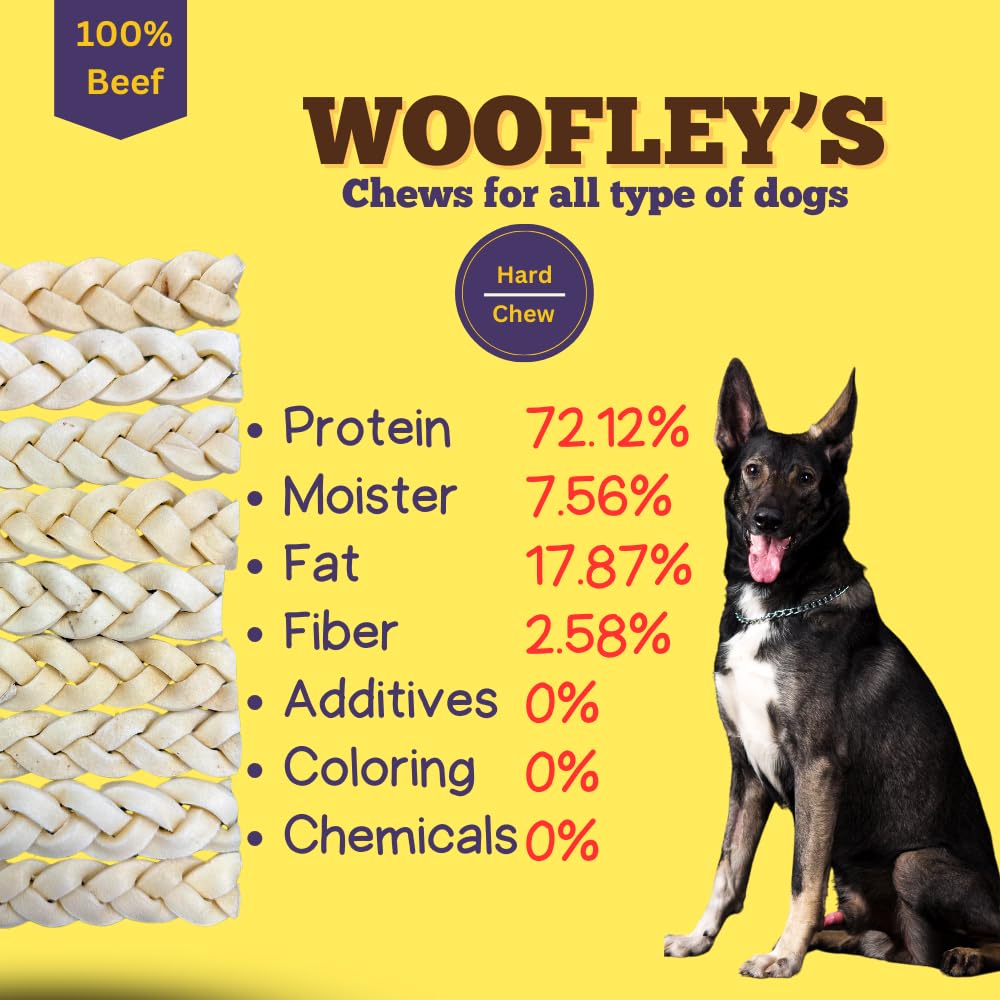 Woofley's 6" Buffalo Beef Cheek Braids Regular - (12 Count)- Beef Cheek Dog Chews - No Hide Bones for Dogs