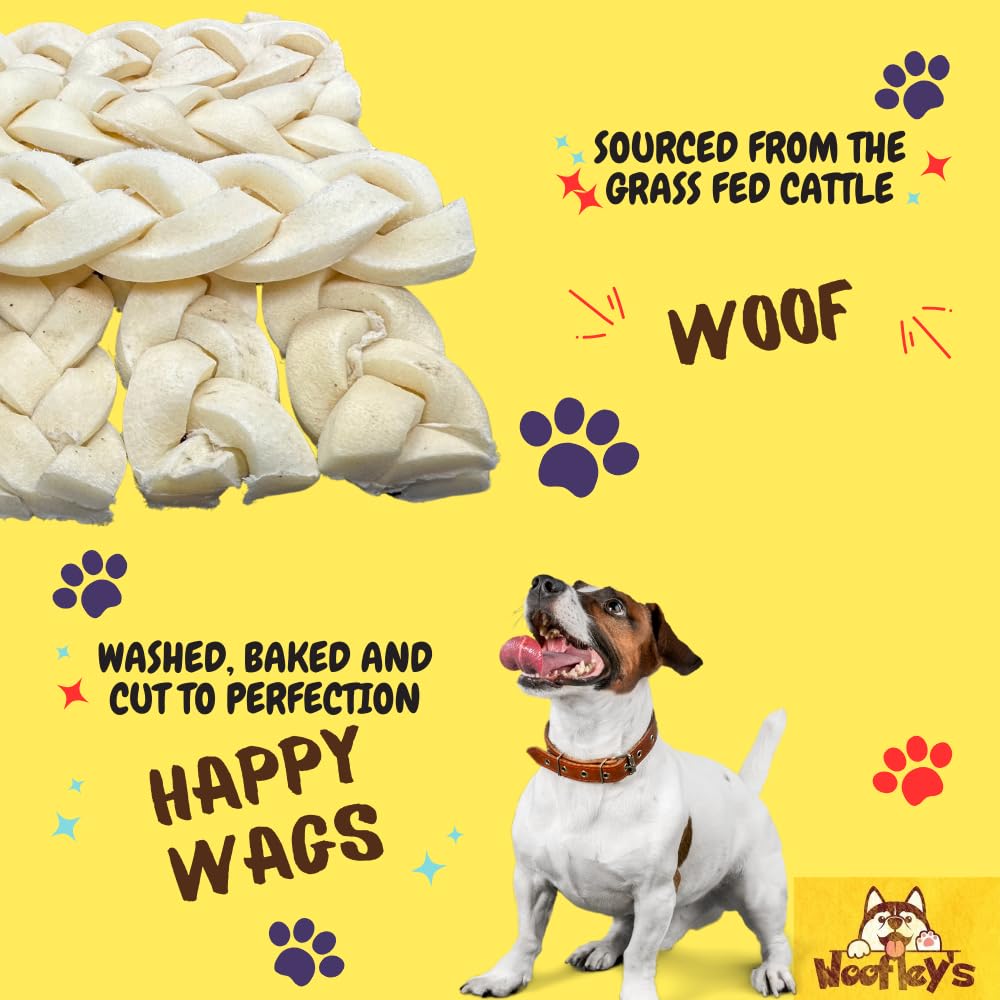 Woofley's 6" Buffalo Beef Cheek Braids Regular - (12 Count)- Beef Cheek Dog Chews - No Hide Bones for Dogs