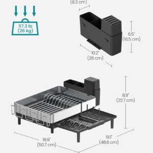 SONGMICS Large Dish Drying Rack, Expandable Dish Dryer for Kitchen Counter, Stainless Steel Dish Rack with Rotatable Spout, Utensil, Cup, Glass, Cutting Board, Pan Holders, Silver and Black UKCS037B01