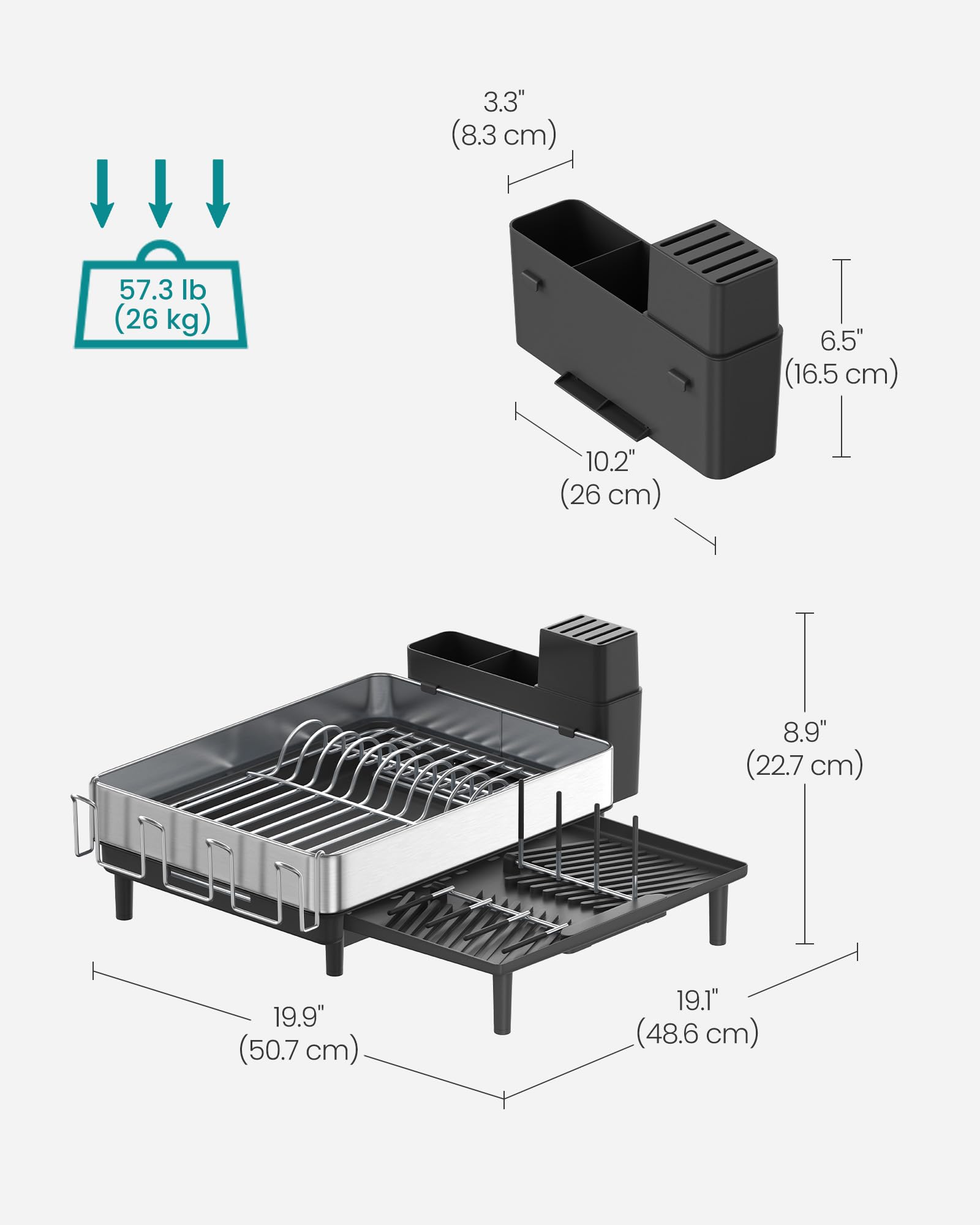 SONGMICS Large Dish Drying Rack, Expandable Dish Dryer for Kitchen Counter, Stainless Steel Dish Rack with Rotatable Spout, Utensil, Cup, Glass, Cutting Board, Pan Holders, Silver and Black UKCS037B01