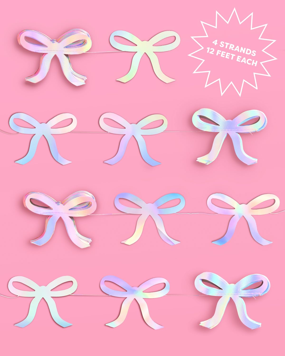 xo, Fetti Iridescent Bow Hanging Garland - 4 pcs, 12' | Bachelorette Decorations, Tying The Knot Bride Bach Decor, Birthday Party Favor, Baby Shower Supplies, Coquette Photobooth Backdrop