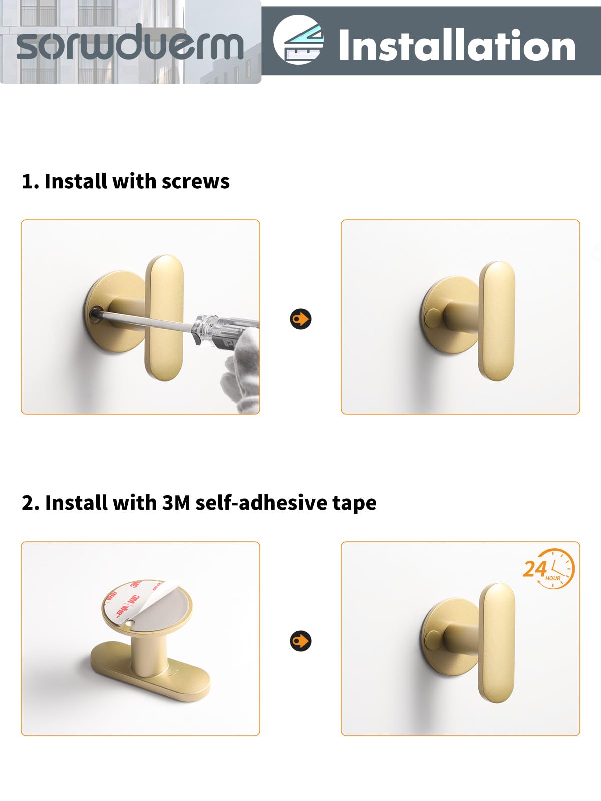 SORWDUERM 2 Pack Gold Robe Towel Hooks for Bathroom Kitchen Wall Mounted Self-Adhesive Hooks Shower Hooks Glass, Mirror, Tile Coat Hat Heavy Duty Rotatable