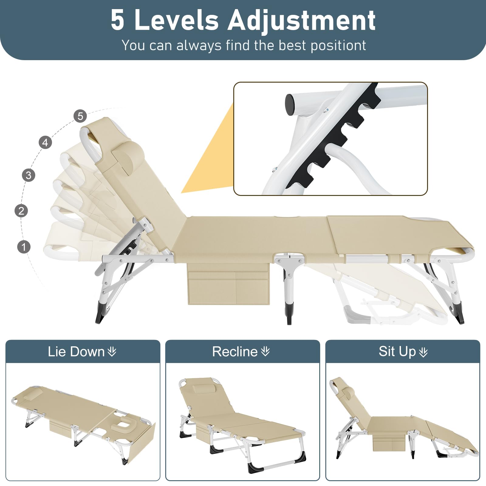 Barbella Heavy Duty Tanning Chair with Face Arm Hole, Folding Camping Cot Adjustable 5-Position Folding Chaise Lounge Chairs, Portable Layout Beach Chair for Outdoor Sunbathing Patio Pool Lawn Deck