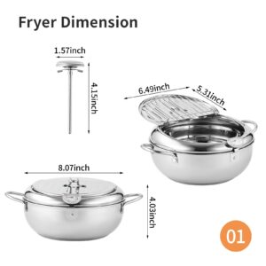 YLARMY Deep Fryer Pot, 7.8Inch/2.2 L Janpanese Tempura Frying Pot with Lid, Stainless Steel thermometer deepfryer with Temperature Control Oil filter rack, Kitchen French Fries maker, Chicken Oil Fry