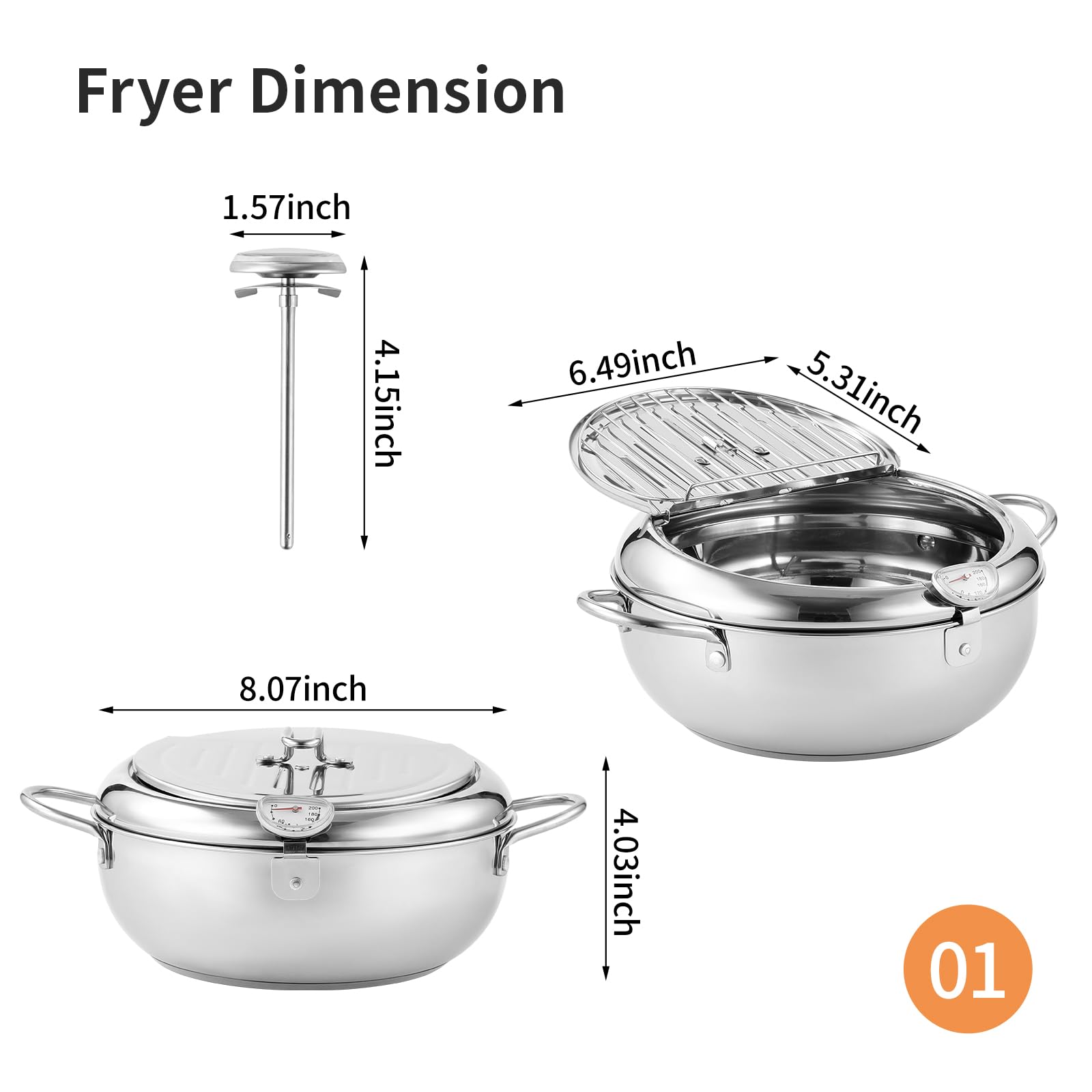 YLARMY Deep Fryer Pot, 7.8Inch/2.2 L Janpanese Tempura Frying Pot with Lid, Stainless Steel thermometer deepfryer with Temperature Control Oil filter rack, Kitchen French Fries maker, Chicken Oil Fry