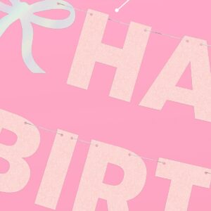 xo, Fetti Happy Birthday Bow Banner Iridescent Foil + Pink Glitter, 5 Ft. | Birthday Party Decoration, Coquette HBD Decor, 21st Bday Supplies, Photobooth Backdrop