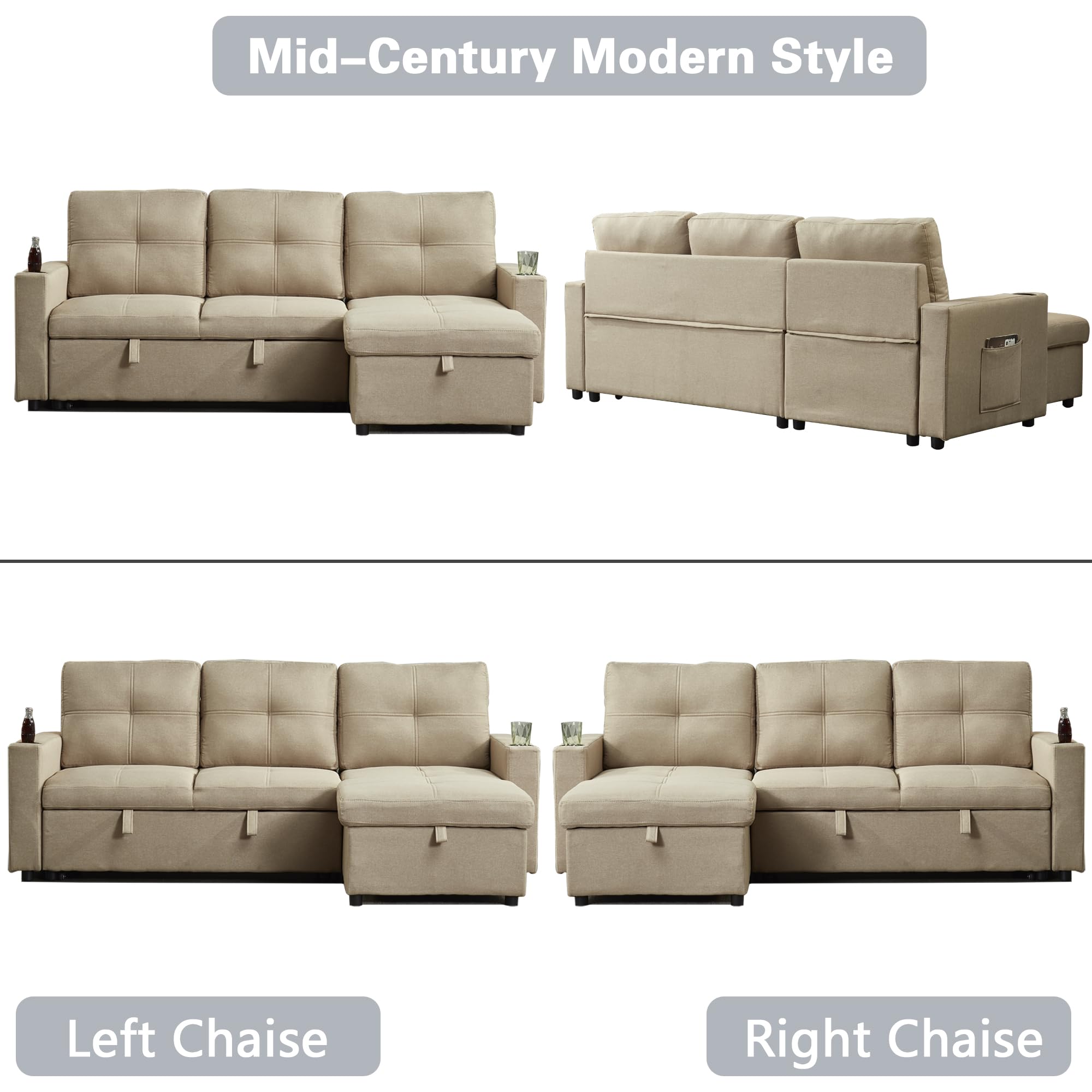 INSTORY Mid-Century Modern Linen Sofa Pull Out Sofa Bed L-Shaped Sectional Sofa Convertible Sleeper Sofabed with Storage Chaise & USB & Cup Holder for Living Room - Light Brown