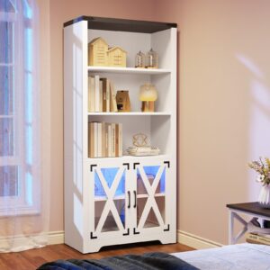 YITAHOME Bookcase with Doors&LED Light, White Bookshelf with Storage Cabinet, Wooden Farmhouse Bookshelves for Living Room/Bedroom/Dining Room/Bathroom