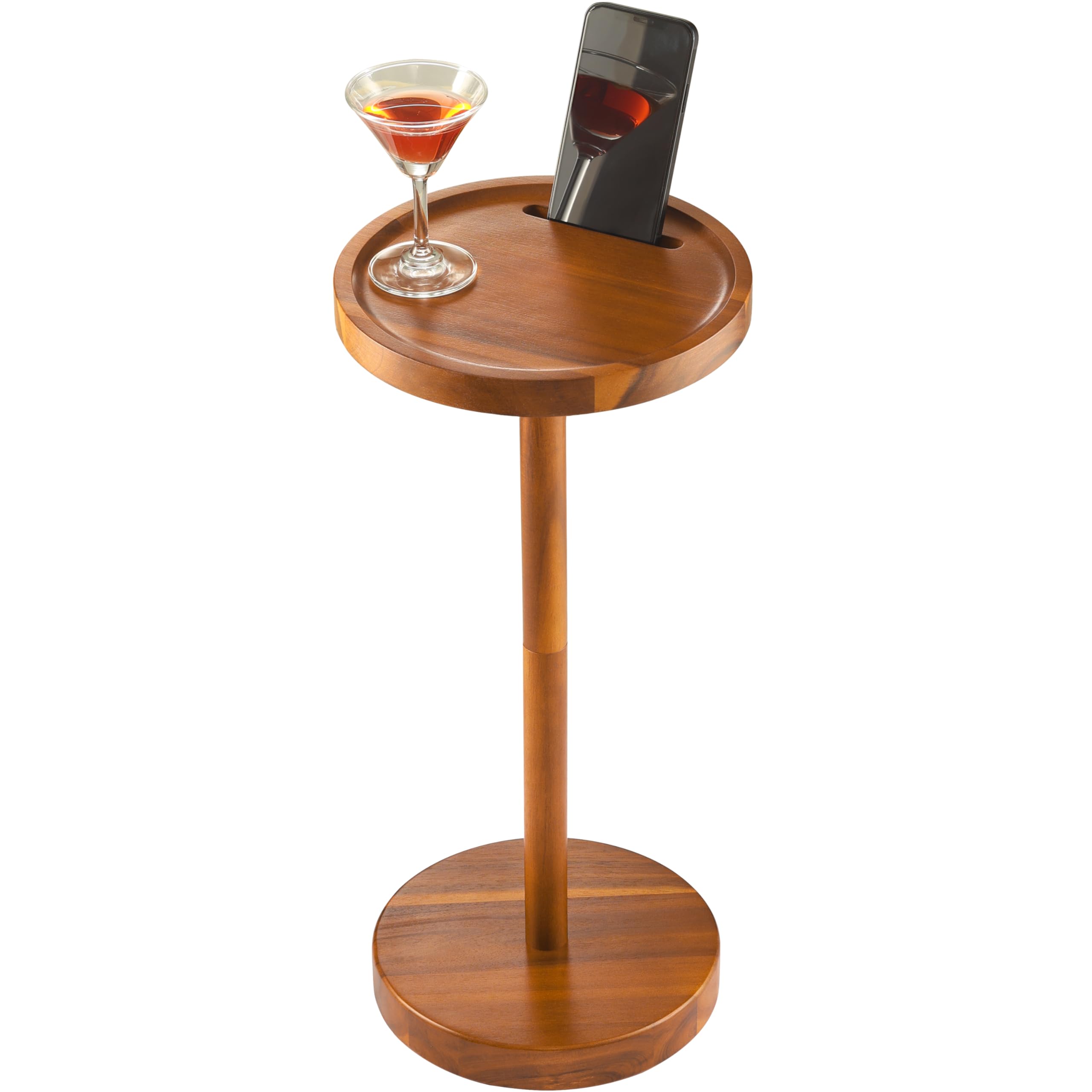 BLUEWEST Pedestal Side Table, Acacia Weighted Base Drink Table, Small Round Side Table for Small Spaces with Phone Holder, Martini and Cocktail Pedestal End Table, Mini Pedestal Table