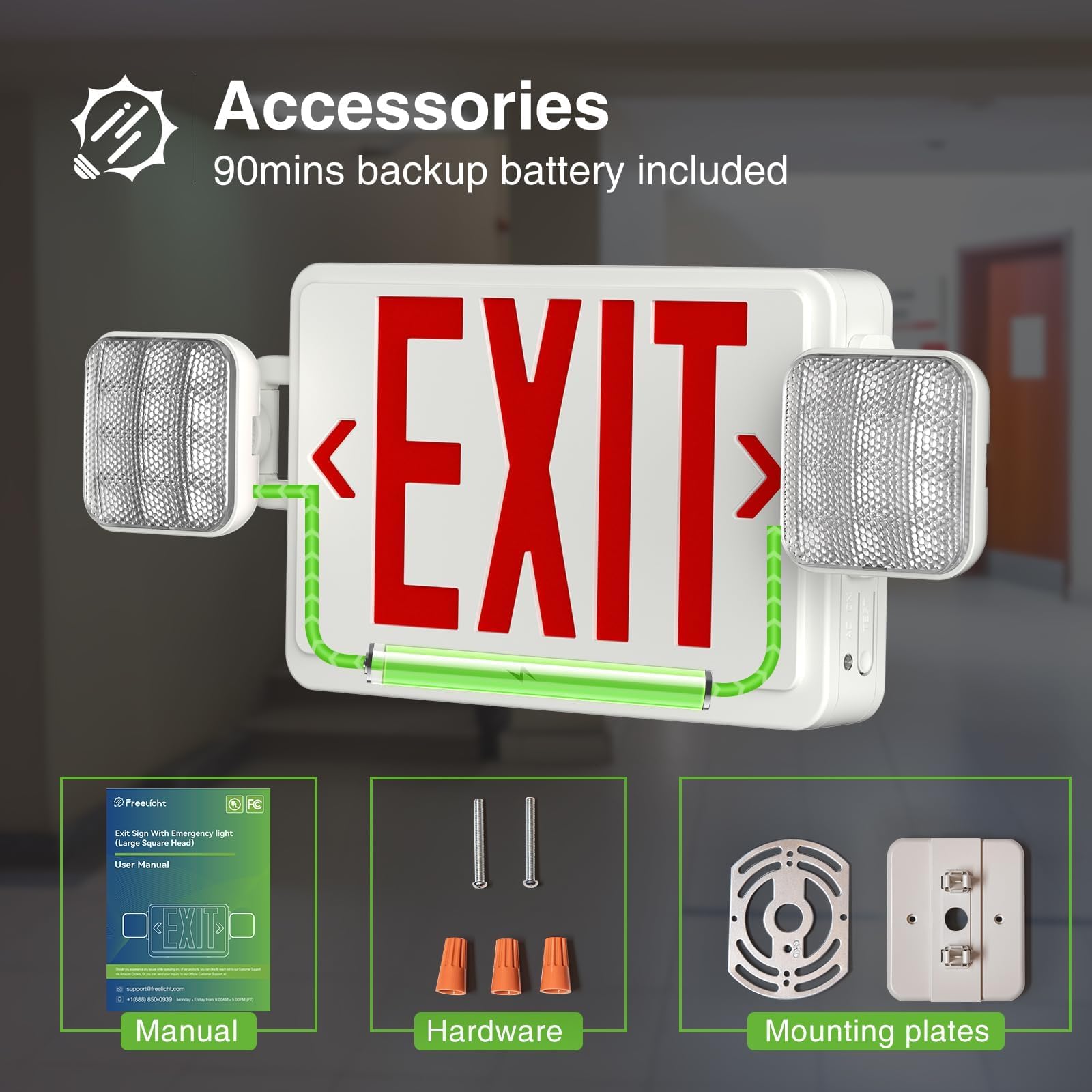 FREELICHT 2 Pack LED Exit Sign with Emergency Lights,Adjustable LED Emergency Exit Lights with Battery Backup,Exit Sign for Business,Easy To Install,UL Certified，AC 120/277V