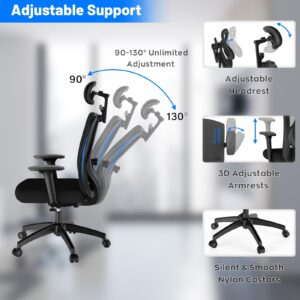 MUNNAR Ergonomic Office Chair, Home Office Desk Chairs, Comfy Mesh Office Chair, Computer Desk Chair Gaming Chair with Adjustable Lumbar Support, Headrest and Armrest, SGS Certified Gas Cylinder