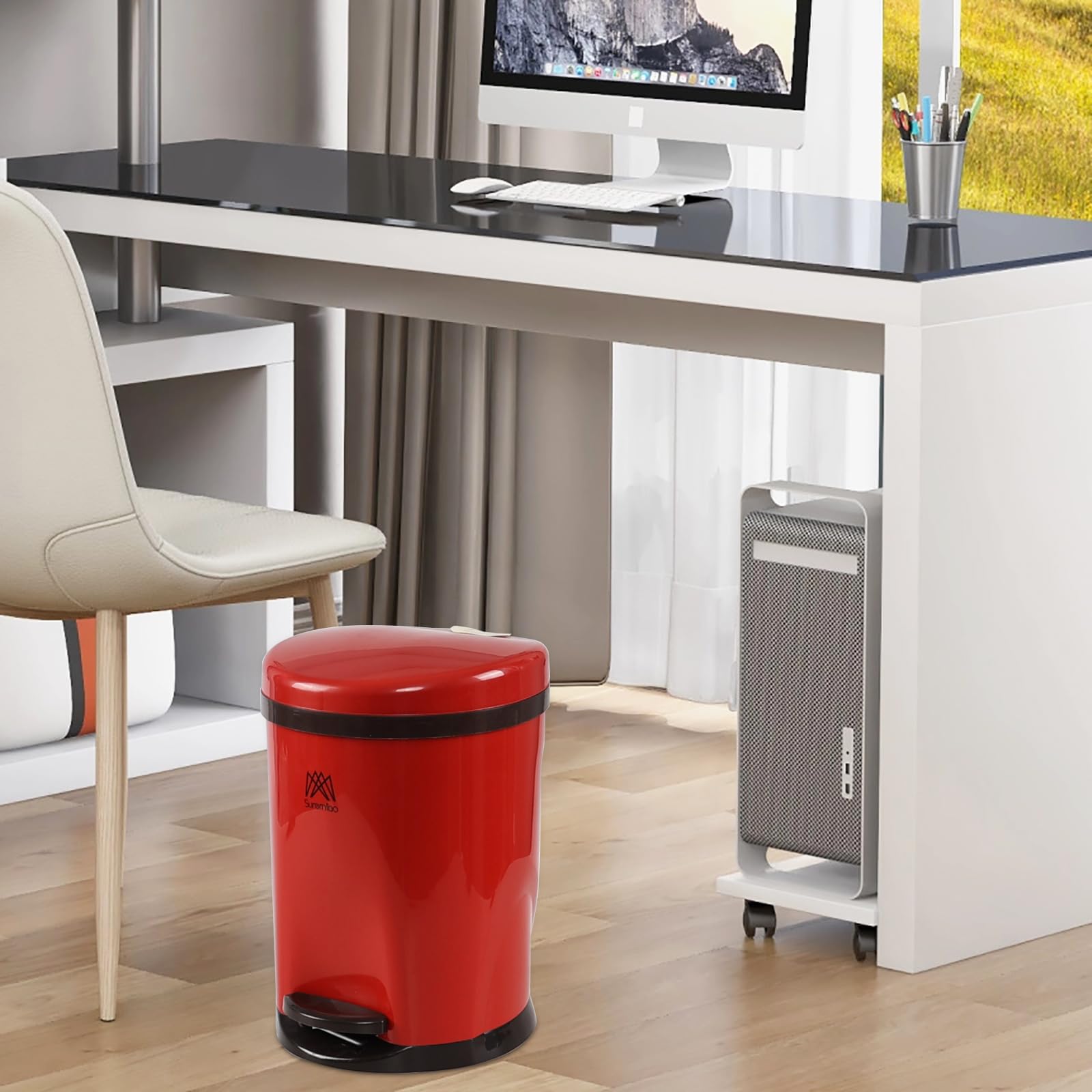 Nihenok 2.6 Gallon Plastic Round Step Trash Can with Soft Close Lid, Small Bathroom Step Trash Can with Removable Inner Bucket, Red