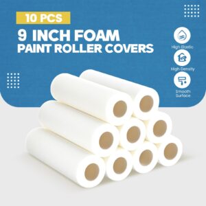 Nuenen 10 Pcs 9 Inch Foam Paint Roller, High Density Foam Paint Roller Covers Wall Paint Roller for Painting Doors Houses Cabinets Ceilings Furniture Smooth Even Finishes Flat Surfaces, White