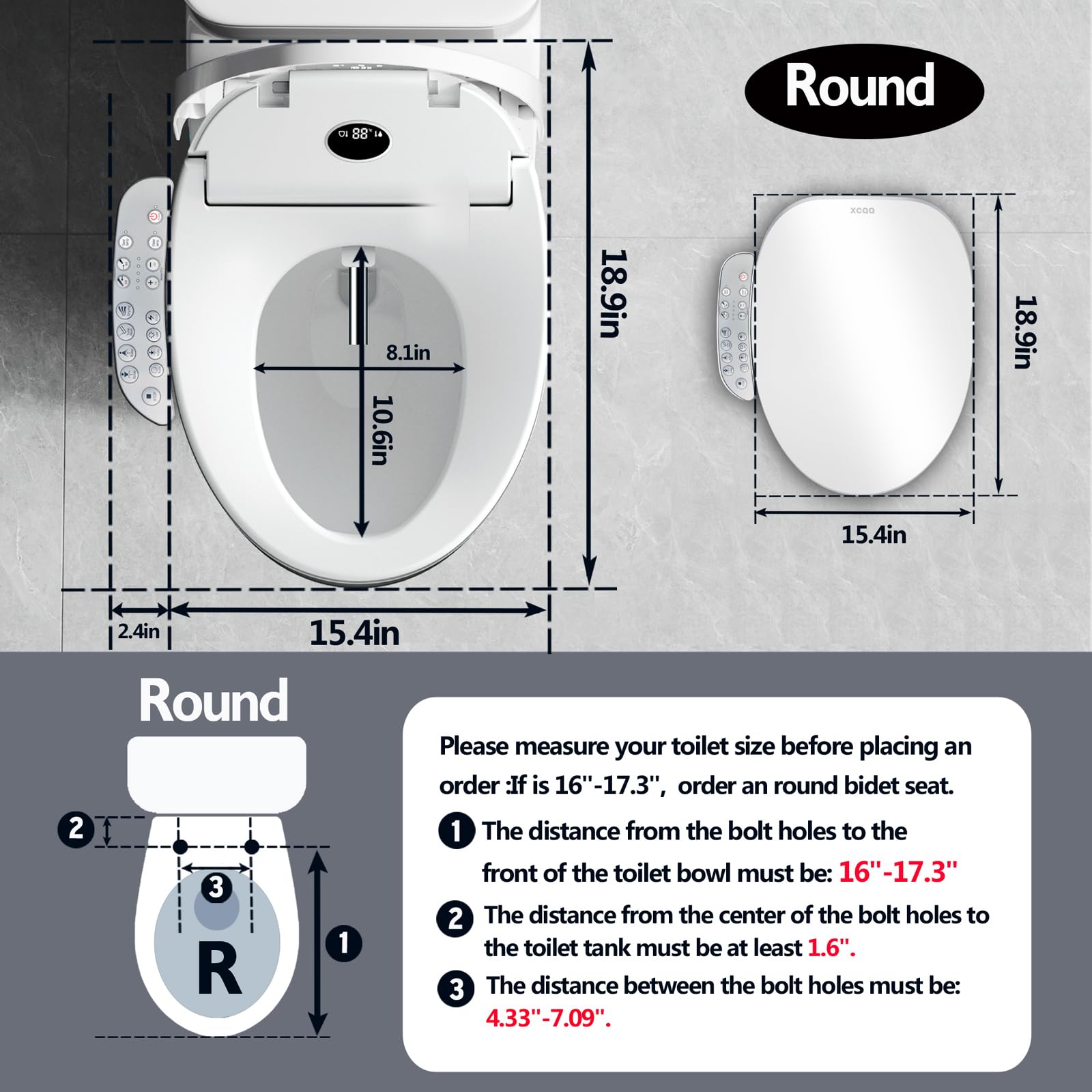 XCQQ Bidet Toilet Seat Round, Bidet Warm Water Rear & Front Oscillating Wash, Heated Toilet Seat, Warm Air Dryer, Soft Close Toilet Lid, Night Light, Smart Toilet Seat with Bidet Requires Outlet