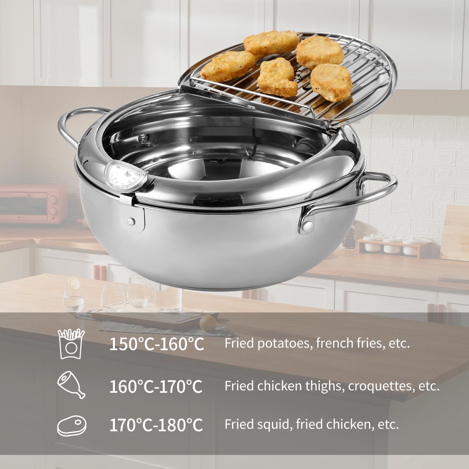 YLARMY Deep Fryer Pot, 11 Inch/4.2 L Janpanese Tempura Frying Pot with Lid, Stainless Steel thermometer deepfryer with Temperature Control Oil filter rack, Kitchen French Fries maker, Chicken Oil Fry