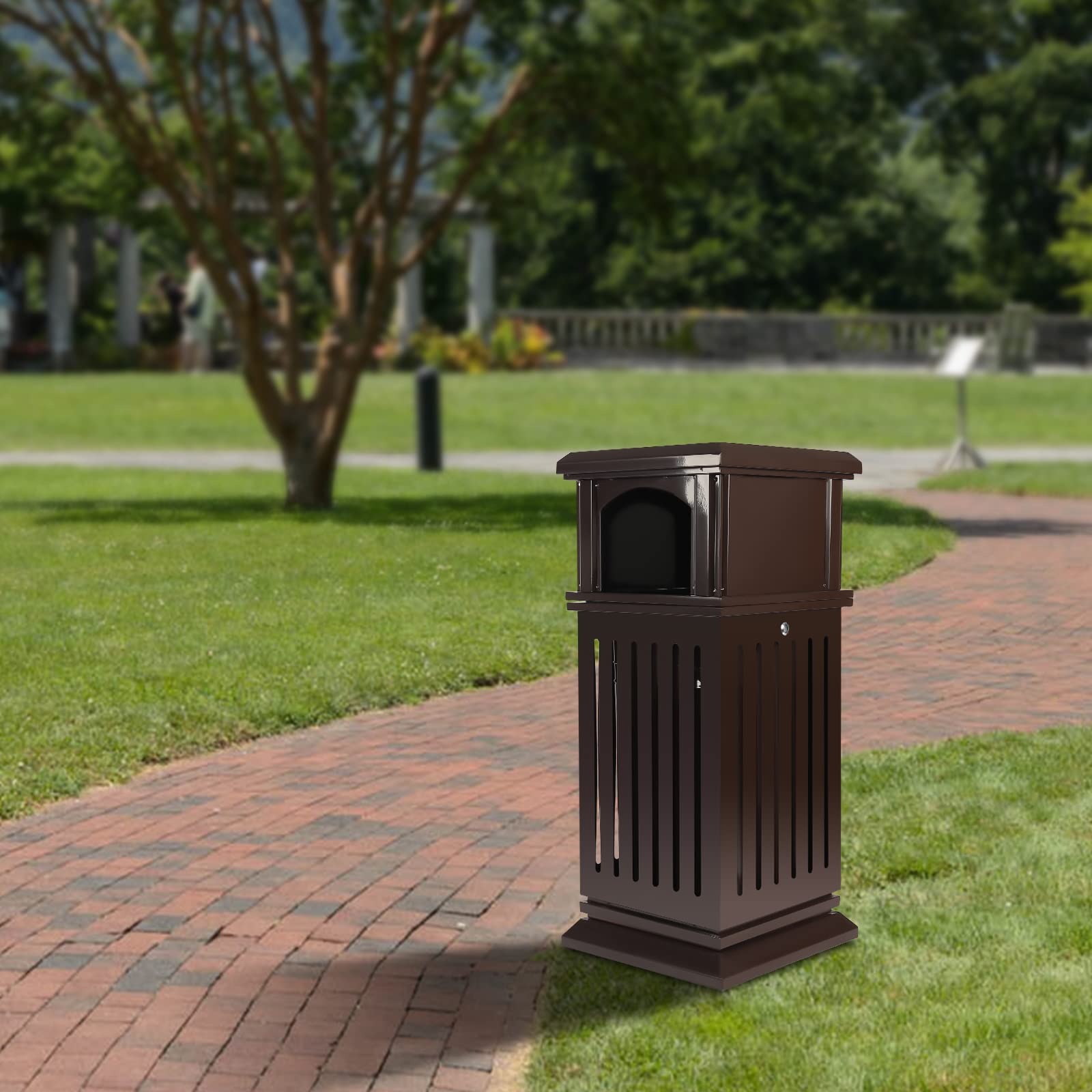 DCEHKR Open-Top Industrial Waste Trash Can, 8.8 Gallon Outdoor Metal Waste Receptacle with a Lock on Lid 35.5x15.8x15.8 in Galvanized Sheet Trash Can Suitable fIor Indoor or Outdoor Use (Brown)