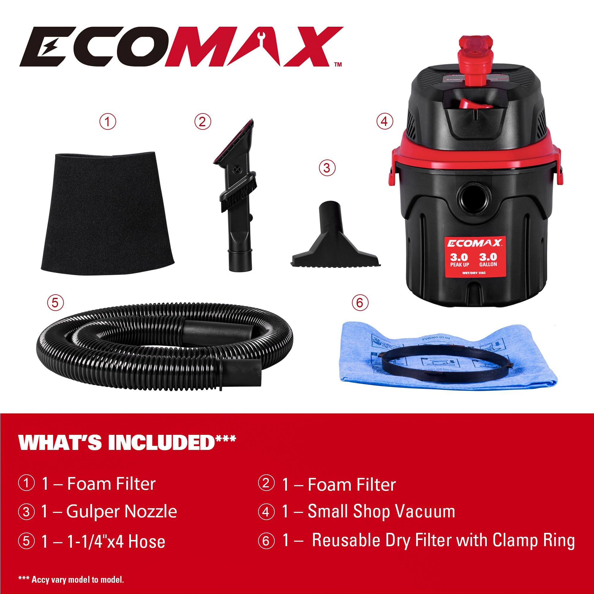 ECOMAX Small Shop Vacuum Wet/Dry 3 Gallon, 3 Peak HP, Small Shop Wet Dry Vac, 3-in-1 Mini Shop Vacuum with Blower Function, with Air Flow 80CFM, for Home, Car Detailing, Workshop, EM18910P-3