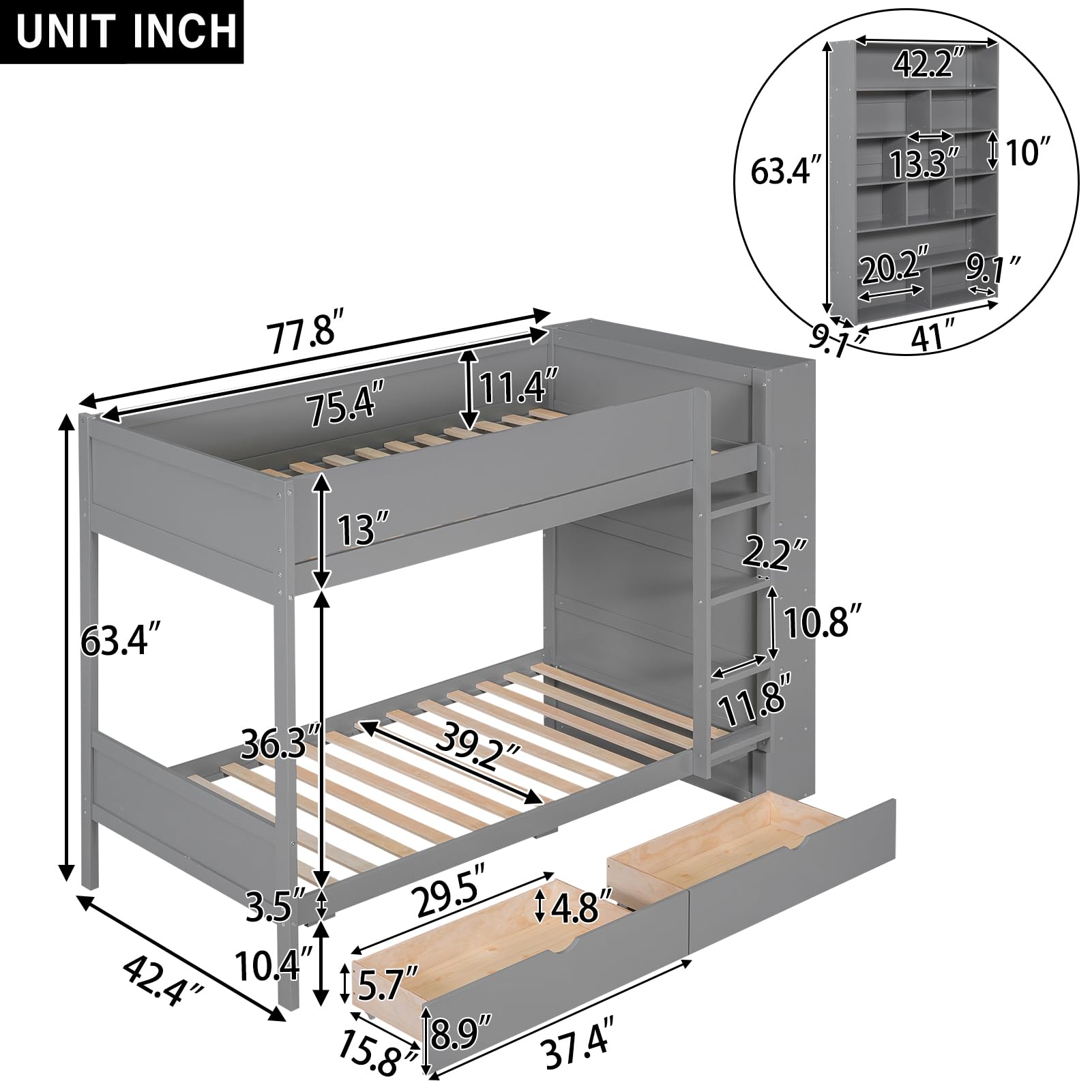 KTATK Twin Over Twin Bunk Bed with 2 Storage Drawers and Multi-Layer Cabinet,Bedroom Solid Wooden Bed Frame W/Ladder,Security Guardrail,Headboard & Footboard,for Kids Teens Boys Girls,Gray