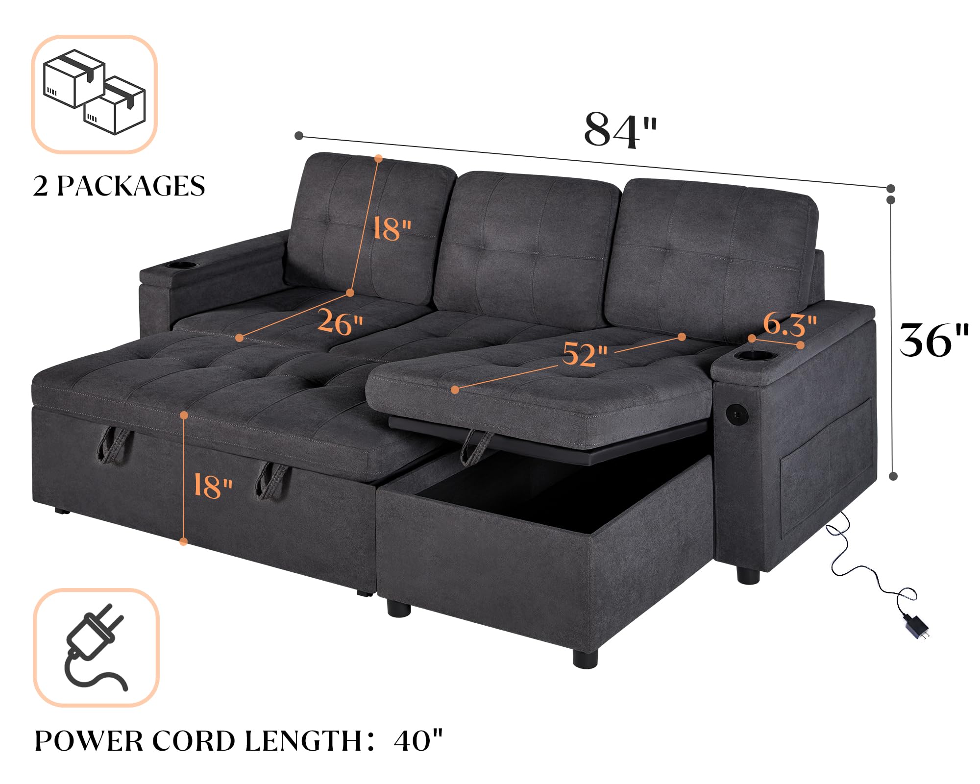 VanAcc Sleeper Sofa, Pull Out Couch Bed with USB Charging Port & Cup Holders, L-Shaped Sectional Couch with Storage Chaise, Comfy Couch for Living Room (Dark Grey)