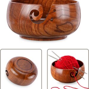 Wooden Yarn Bowl with 8Pcs Metal Crochet Hooks, Knitting Yarn Bowl with Holes Storage Handmade to Prevent Slipping, Perfect Yarn Holder Bowl for Crocheting and Knitting Mother's Day Gift 6" x 3"