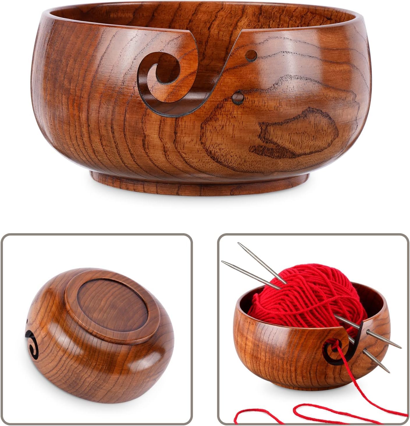 Wooden Yarn Bowl with 8Pcs Metal Crochet Hooks, Knitting Yarn Bowl with Holes Storage Handmade to Prevent Slipping, Perfect Yarn Holder Bowl for Crocheting and Knitting Mother's Day Gift 6" x 3"