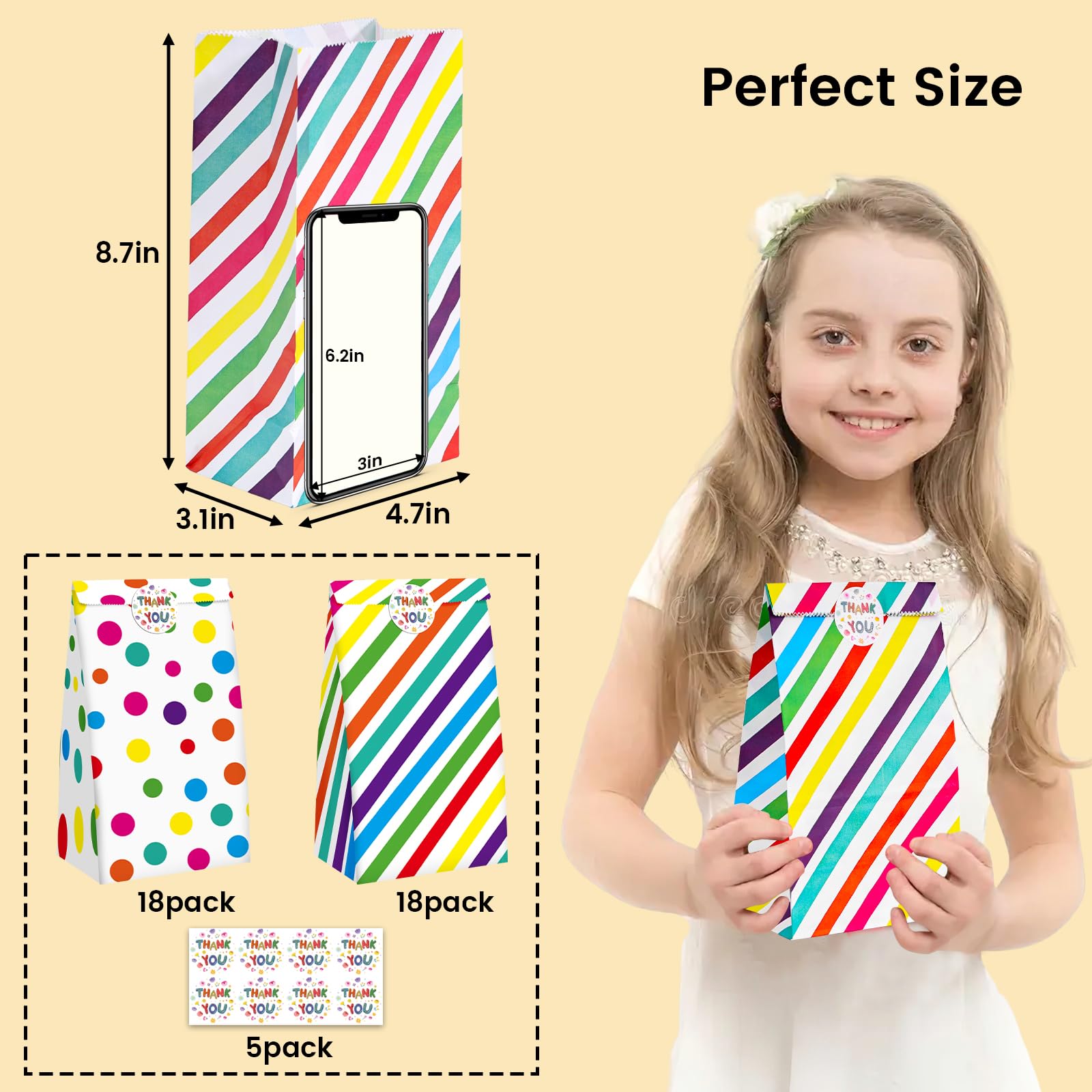 HONEYGIFTS 36PCS Party Favor Bags, Goodie Bags with Sealing Stickers, 4.7" x 3.1" x 8.7" Colorful Treat Bags Rainbow Stripe and Dots Candy Bags