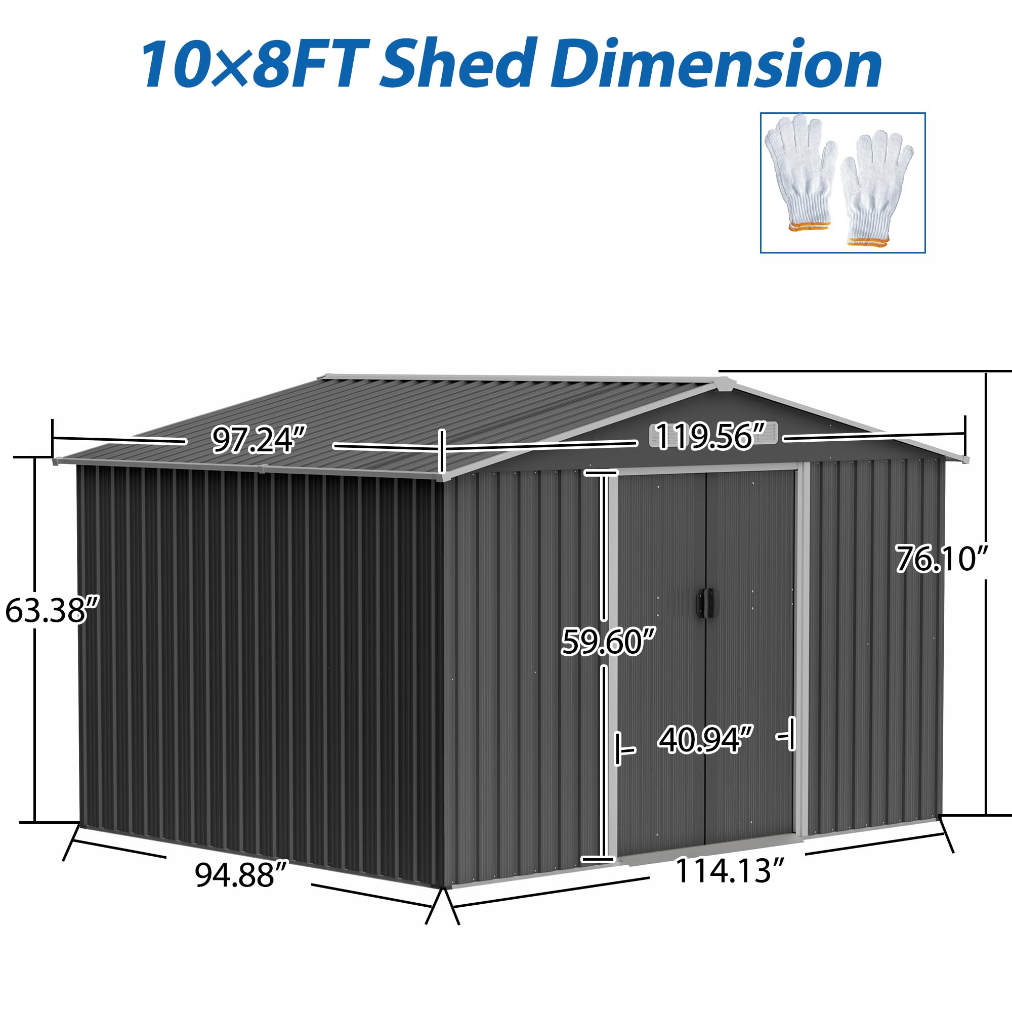 Lifeand 10’x 8’ Outdoor Storage Shed, All Weather Metal Sheds with Metal Foundation & Lockable Doors, Tool Shed for Garden, Backyard, Front Yard, Lawn, Patio, Grey