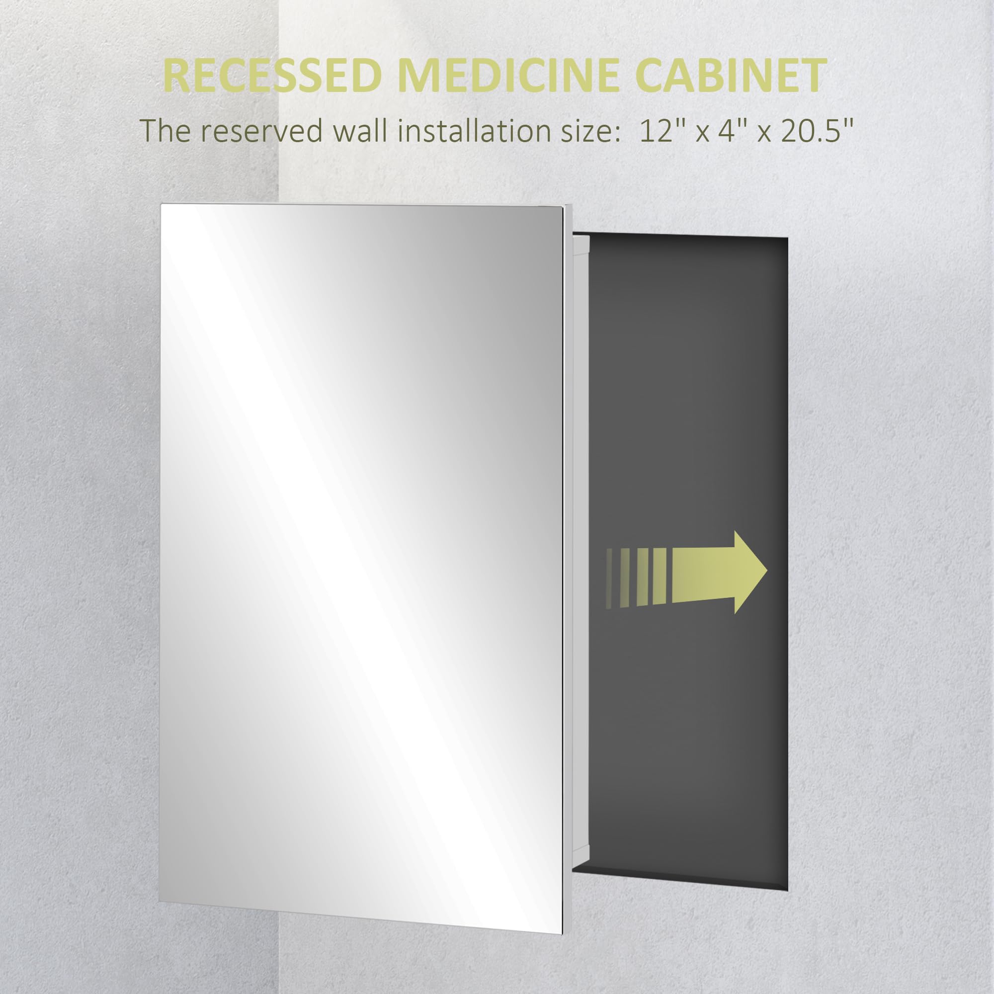 kleankin Recessed Medicine Cabinet, Stainless Steel Bathroom Mirror Cabinet with Door and Storage Shelves, White