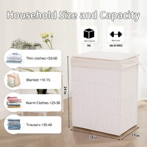 OIAHOMY Laundry Hamper with Lid, 23.8 Gal (90L) Wicker Hamper with Removable Liner Bags, Handwoven Clothes Hamper with Handles, Foldable Woven Paper Rope Hamper for Laundry Room, Bedroom-White