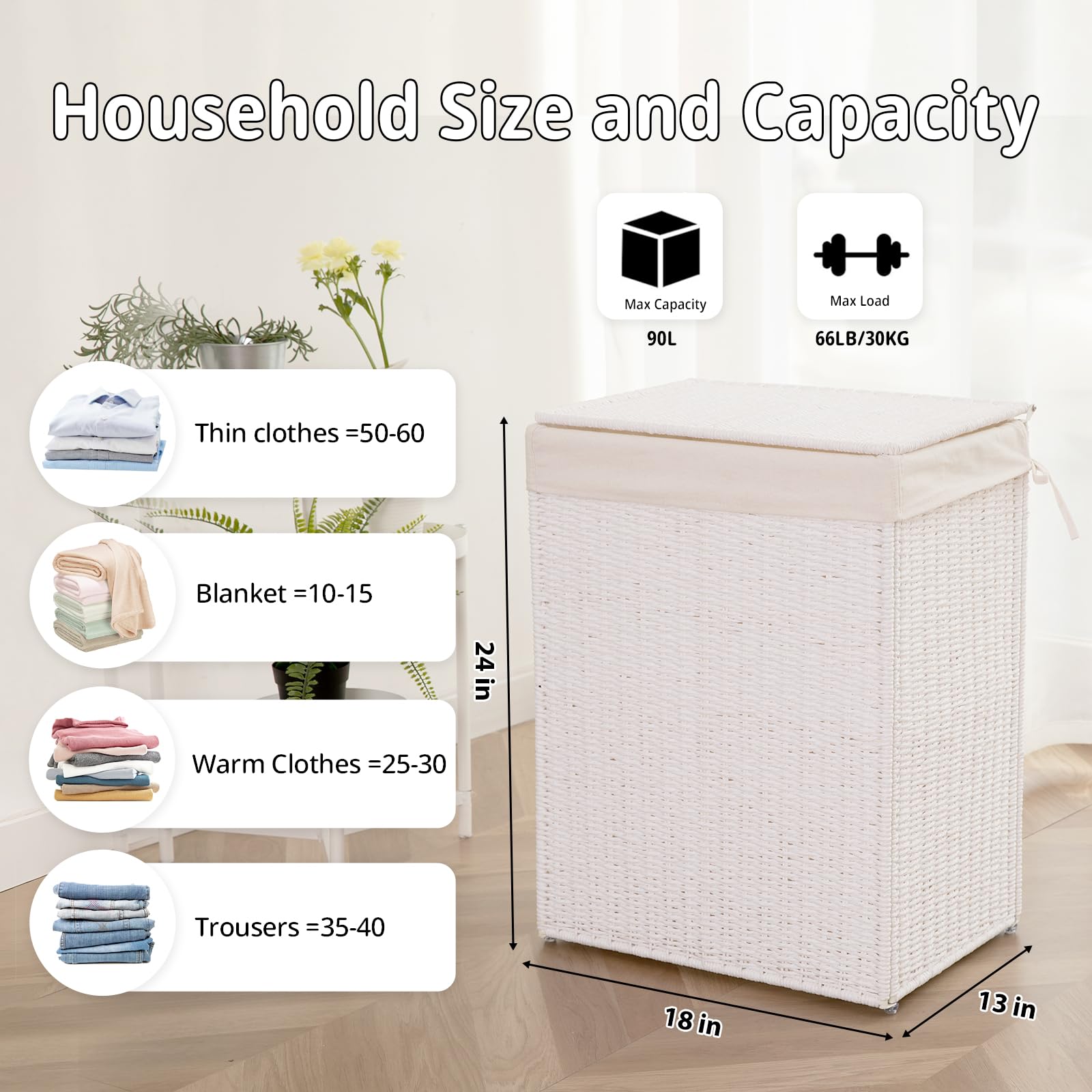 OIAHOMY Laundry Hamper with Lid, 23.8 Gal (90L) Wicker Hamper with Removable Liner Bags, Handwoven Clothes Hamper with Handles, Foldable Woven Paper Rope Hamper for Laundry Room, Bedroom-White