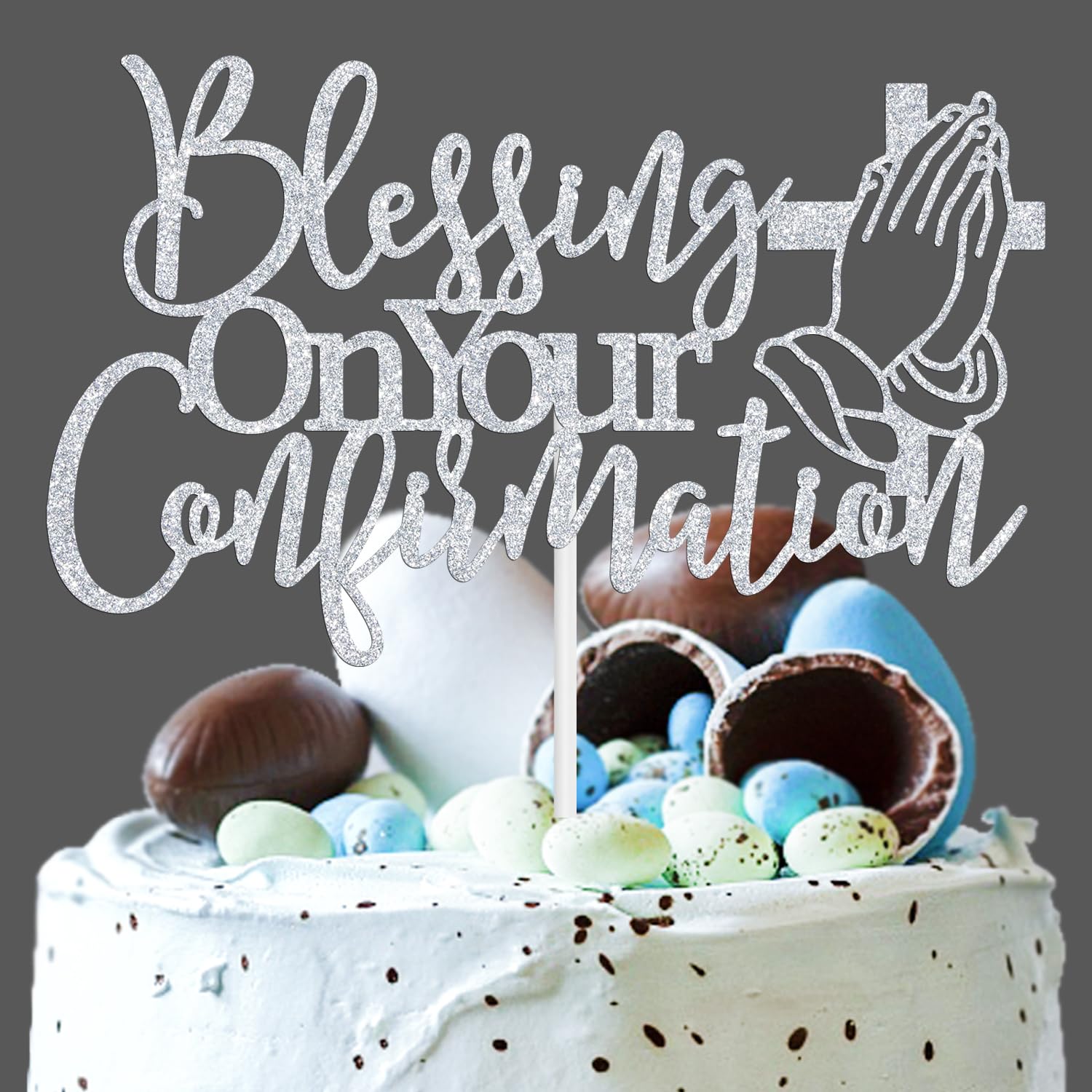 Blessing On Your Confirmation Cake Topper, Baby Shower/Religious Baptism Cake Decor - Bridal Shower, Engagement, Wedding, Marriage Anniversary Party Decorations Supplies, Silver Glitter